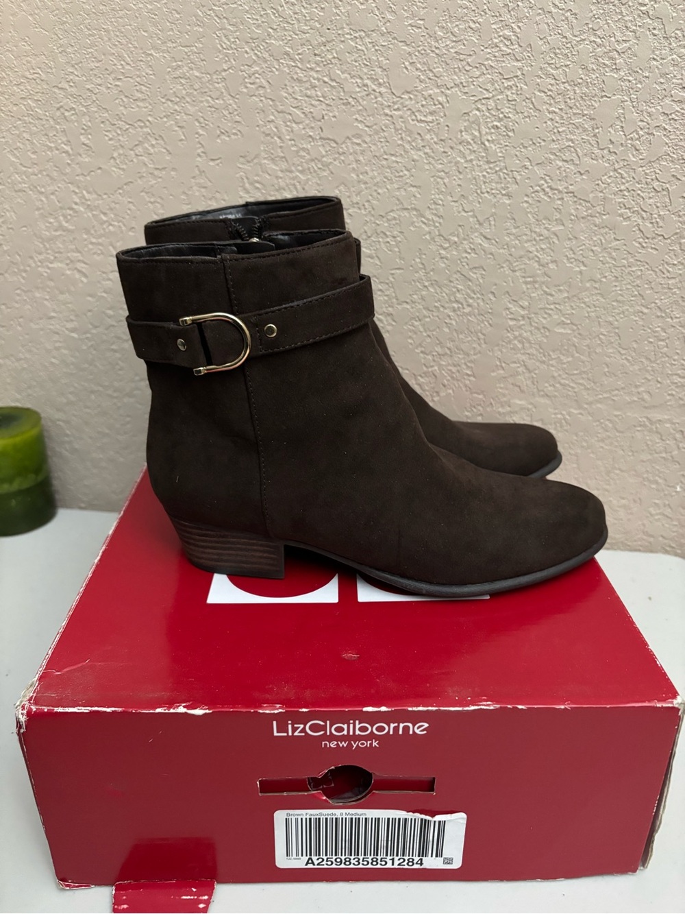 Liz Claiborne Dark Brown Suede Ankle Booties with Strap & Gold Buckle